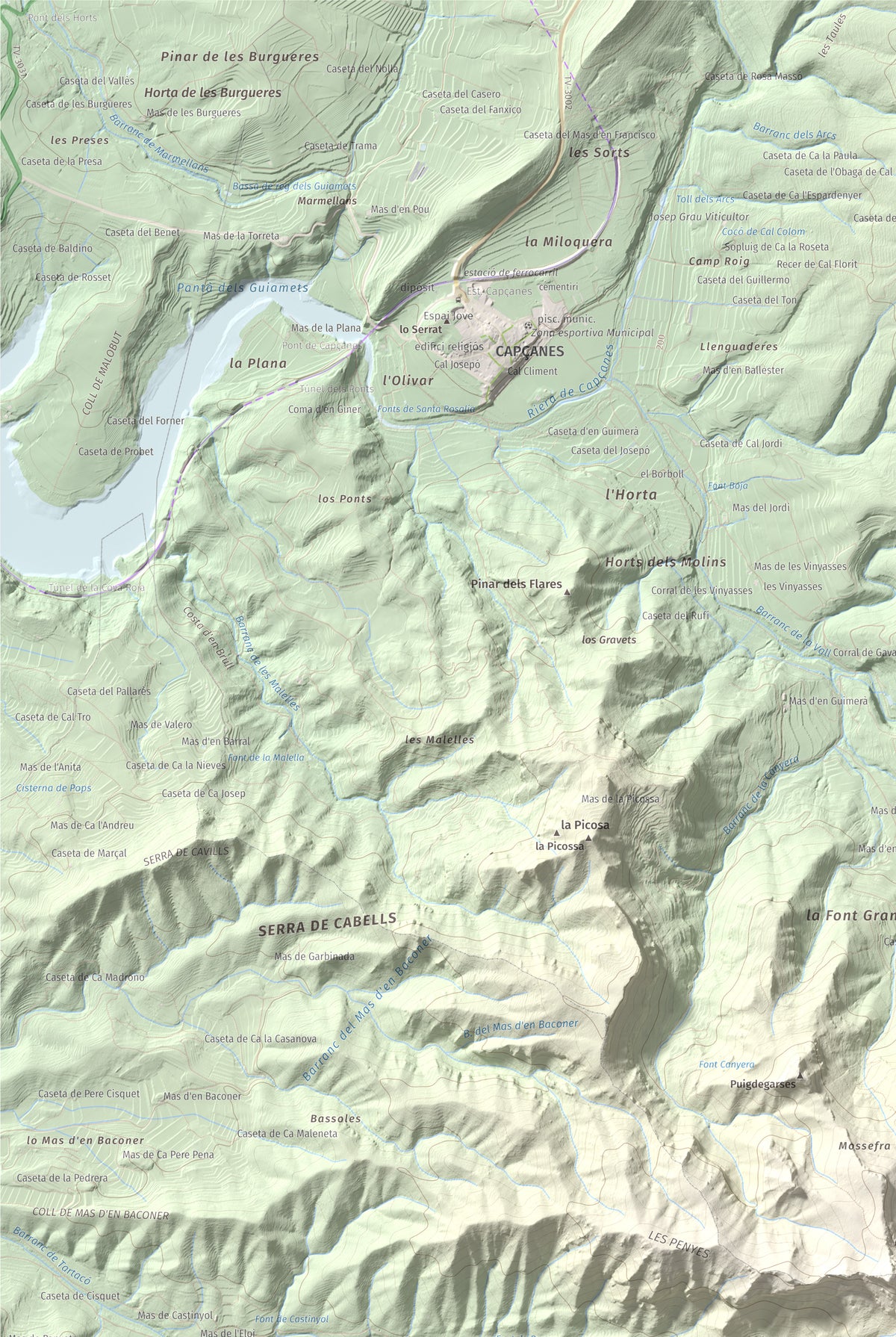 Mapa de relieve de Montalt (punta nord), 766 m, Priorat · Ribera d'Ebre, lámina 100 Cims de Trobart. Detalle de la zona superior izquierda. 61 × 91 cm.