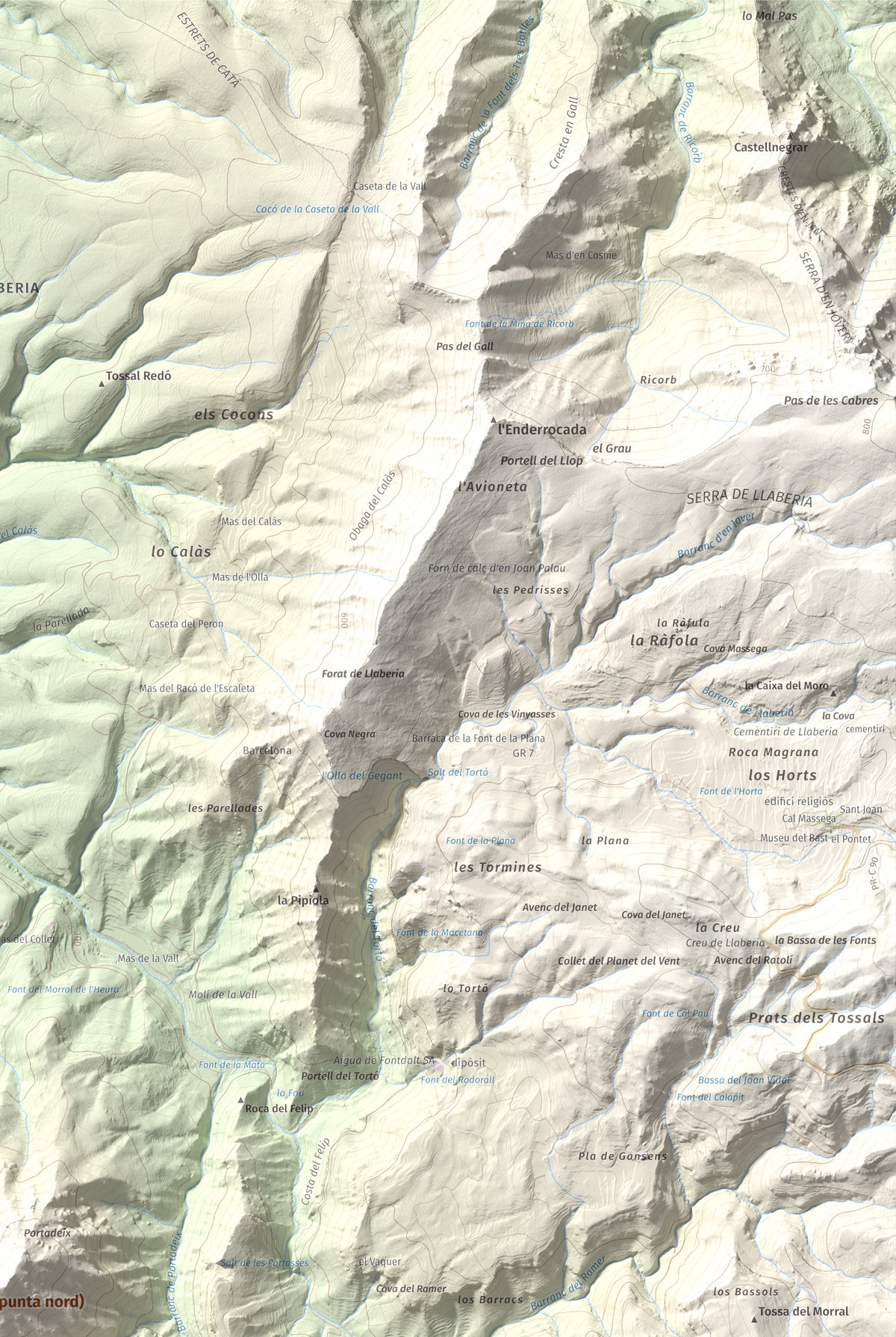 Mapa de relieve de Montalt (punta nord), 766 m, Priorat · Ribera d'Ebre, lámina 100 Cims de Trobart. Detalle de la zona superior derecha. 61 × 91 cm.