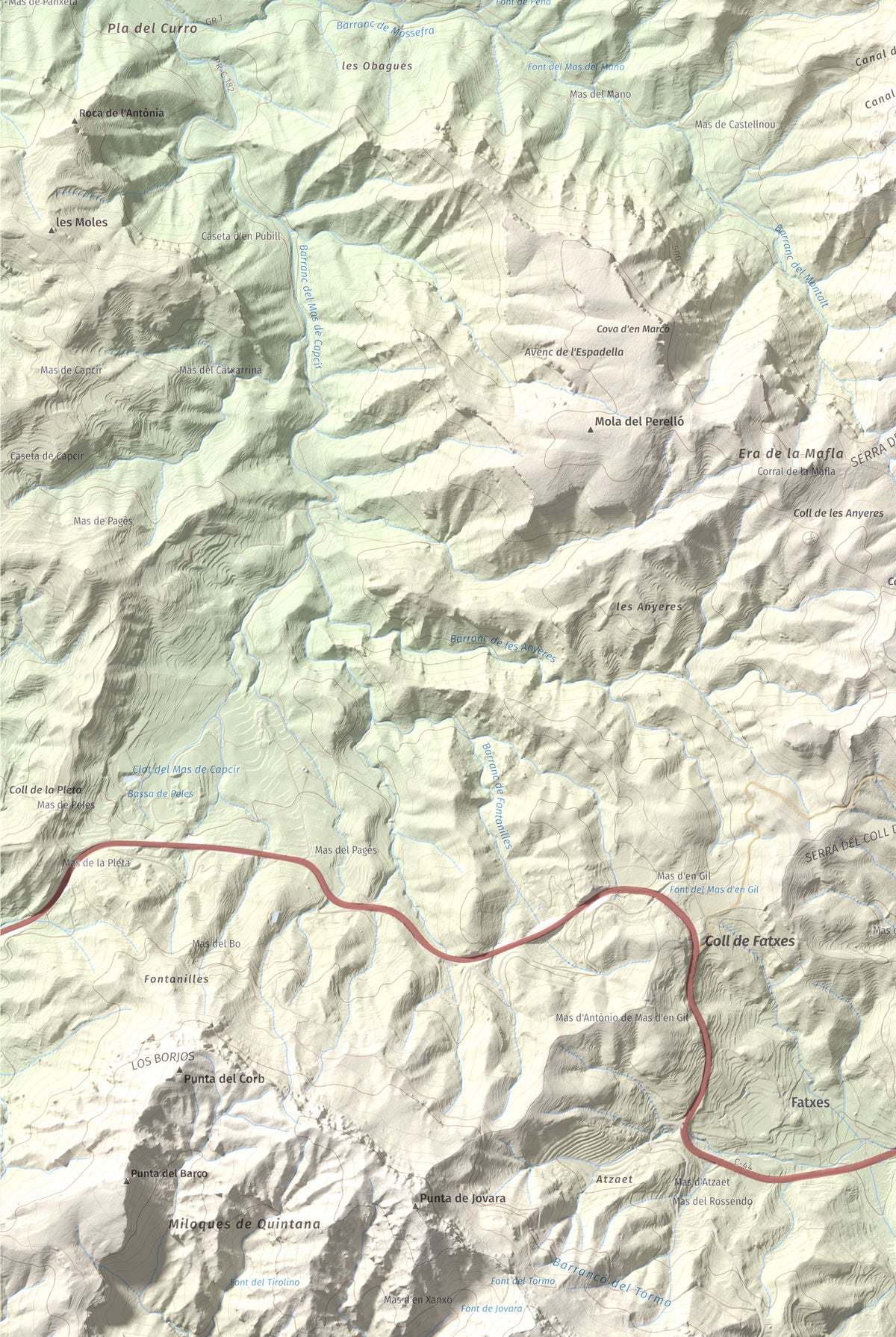 Mapa de relieve de Montalt (punta nord), 766 m, Priorat · Ribera d'Ebre, lámina 100 Cims de Trobart. Detalle de la zona inferior izquierda. 61 × 91 cm.