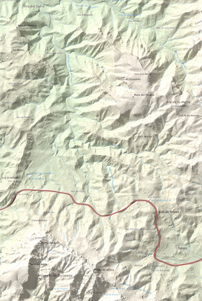 Mapa de relieve de Montalt (punta nord), 766 m, Priorat · Ribera d'Ebre, lámina 100 Cims de Trobart. Detalle de la zona inferior izquierda. 61 × 91 cm.