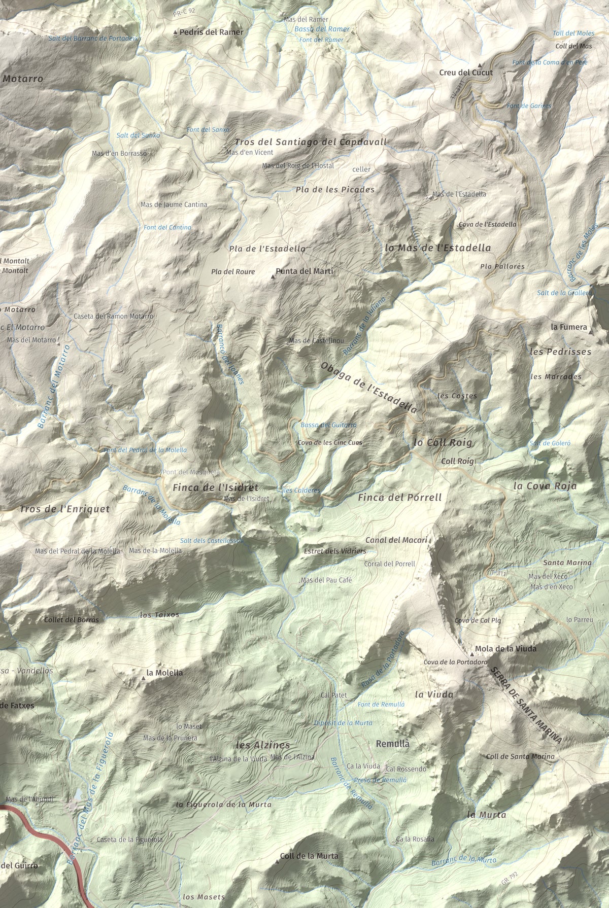 Mapa de relieve de Montalt (punta nord), 766 m, Priorat · Ribera d'Ebre, lámina 100 Cims de Trobart. Detalle de la zona inferior derecha. 61 × 91 cm.