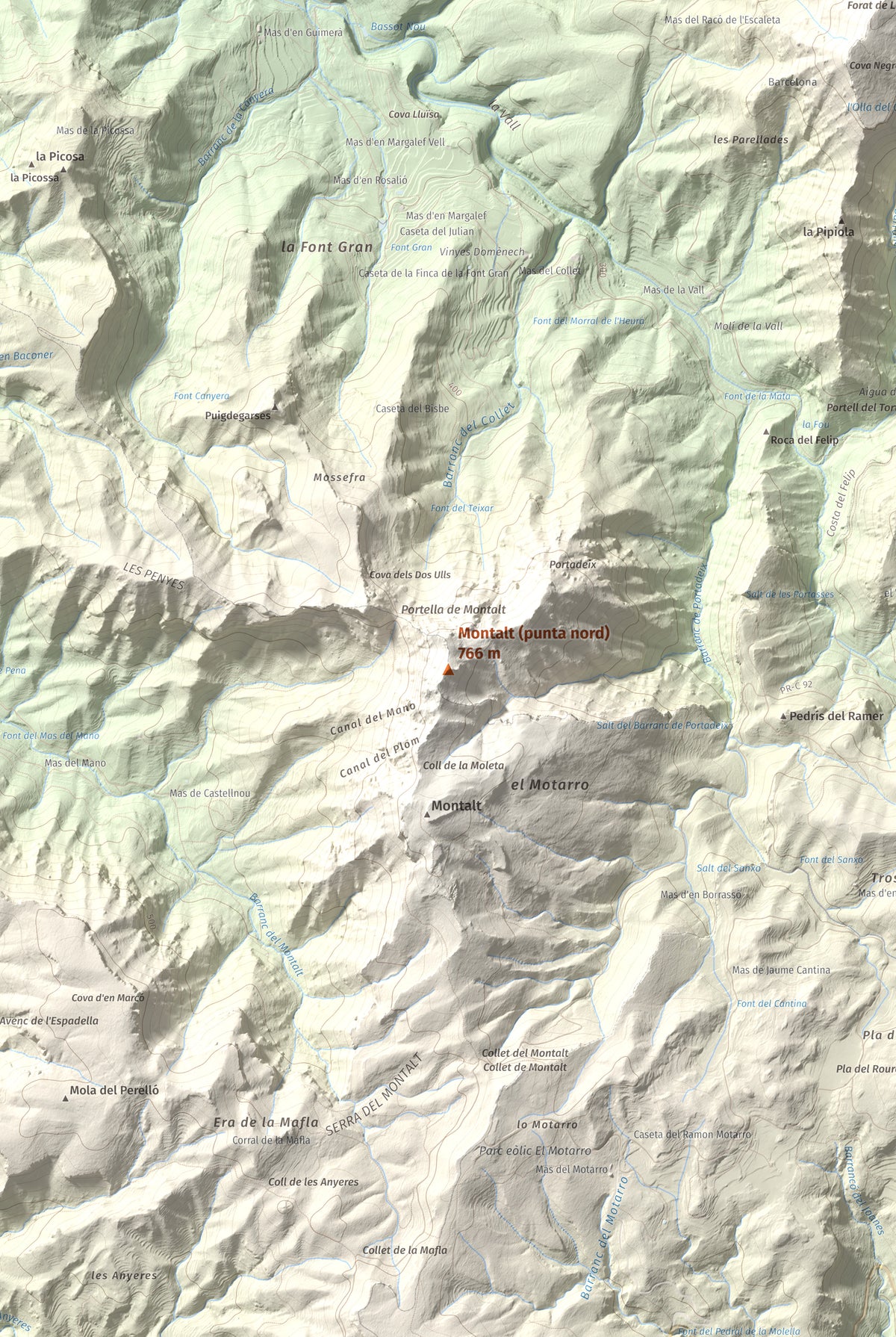 Mapa de relieve de Montalt (punta nord), 766 m, Priorat · Ribera d'Ebre, lámina 100 Cims de Trobart. Detalle de la zona central. 61 × 91 cm.