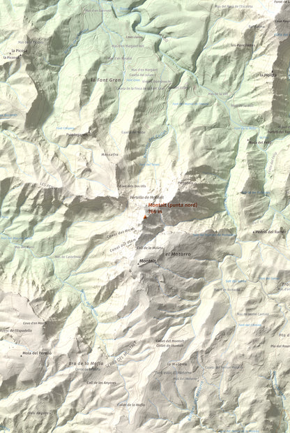 Mapa de relieve de Montalt (punta nord), 766 m, Priorat · Ribera d'Ebre, lámina 100 Cims de Trobart. Detalle de la zona central. 61 × 91 cm.
