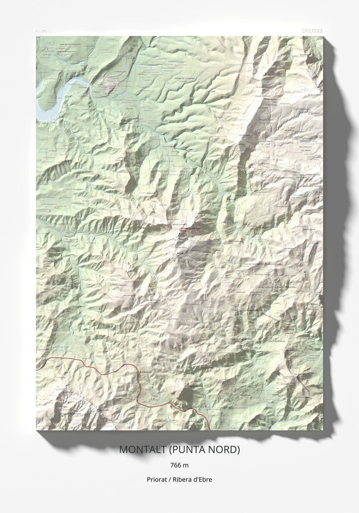 Mapa de relieve de Montalt (punta nord), 766 m, Priorat · Ribera d'Ebre, lámina 100 Cims de Trobart 70 × 100 cm.