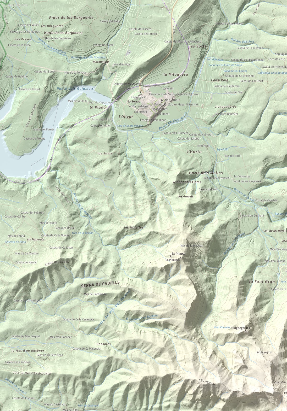 Mapa de relieve de Montalt (punta nord), 766 m, Priorat · Ribera d'Ebre, lámina 100 Cims de Trobart. Detalle de la zona superior izquierda. 70 × 100 cm.