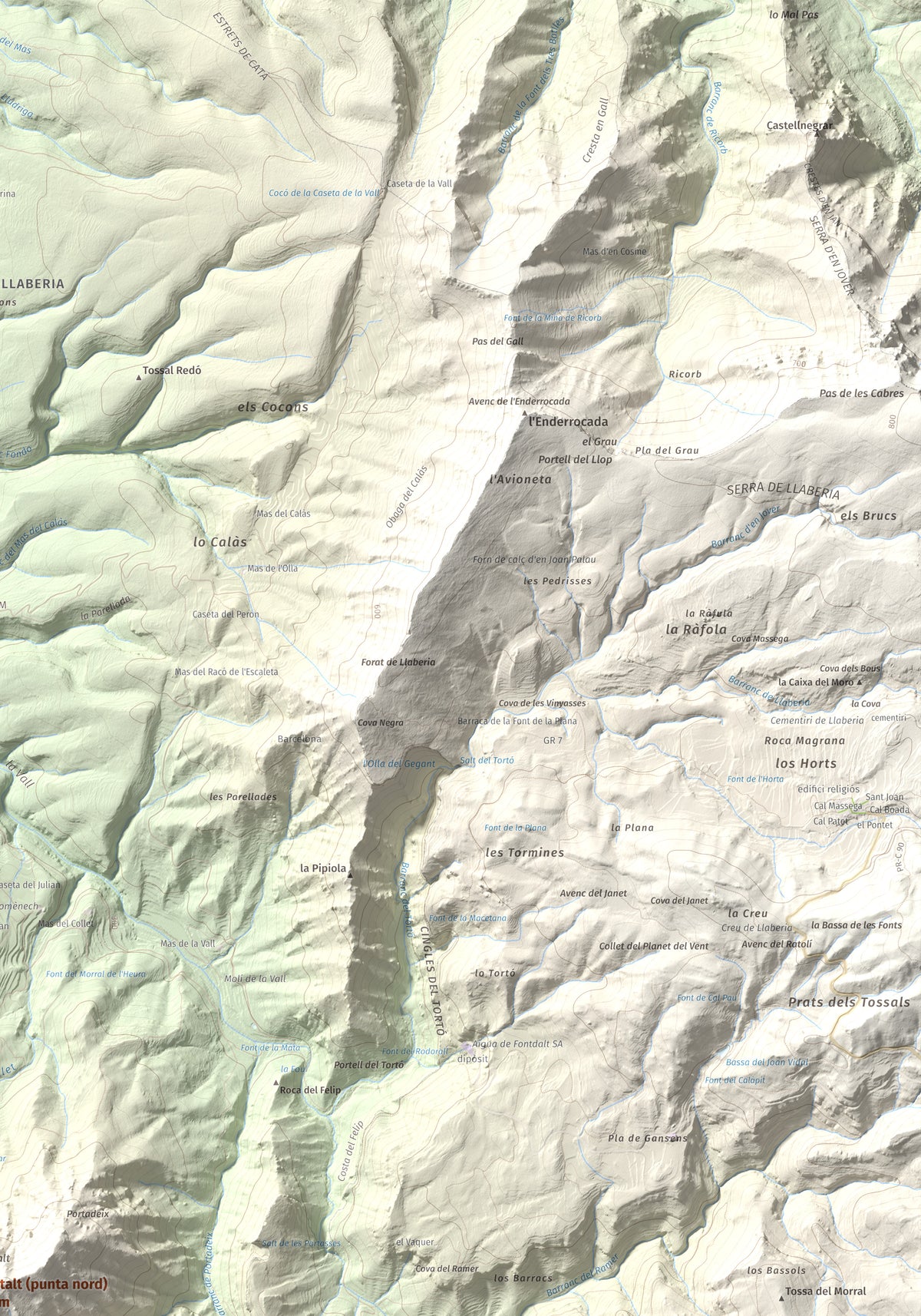 Mapa de relieve de Montalt (punta nord), 766 m, Priorat · Ribera d'Ebre, lámina 100 Cims de Trobart. Detalle de la zona superior derecha. 70 × 100 cm.