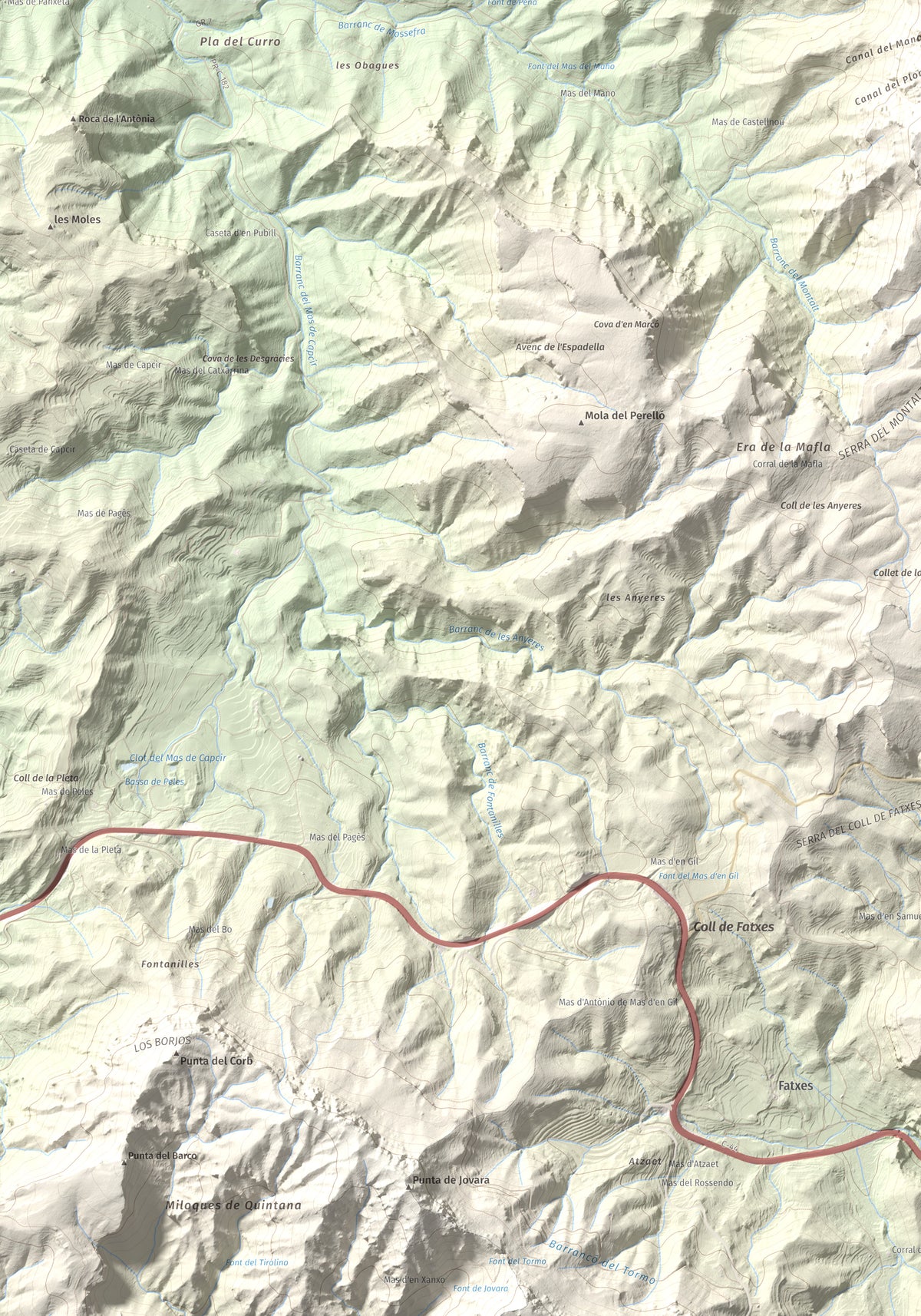Mapa de relieve de Montalt (punta nord), 766 m, Priorat · Ribera d'Ebre, lámina 100 Cims de Trobart. Detalle de la zona inferior izquierda. 70 × 100 cm.