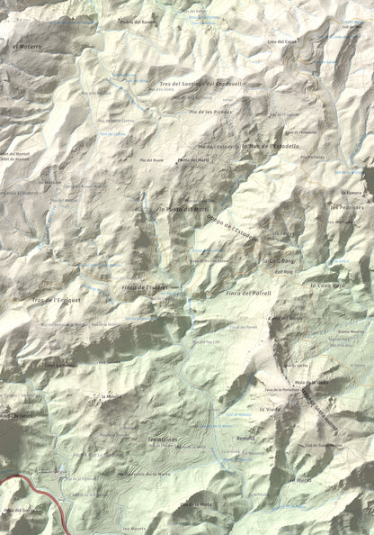 Mapa de relieve de Montalt (punta nord), 766 m, Priorat · Ribera d'Ebre, lámina 100 Cims de Trobart. Detalle de la zona inferior derecha. 70 × 100 cm.
