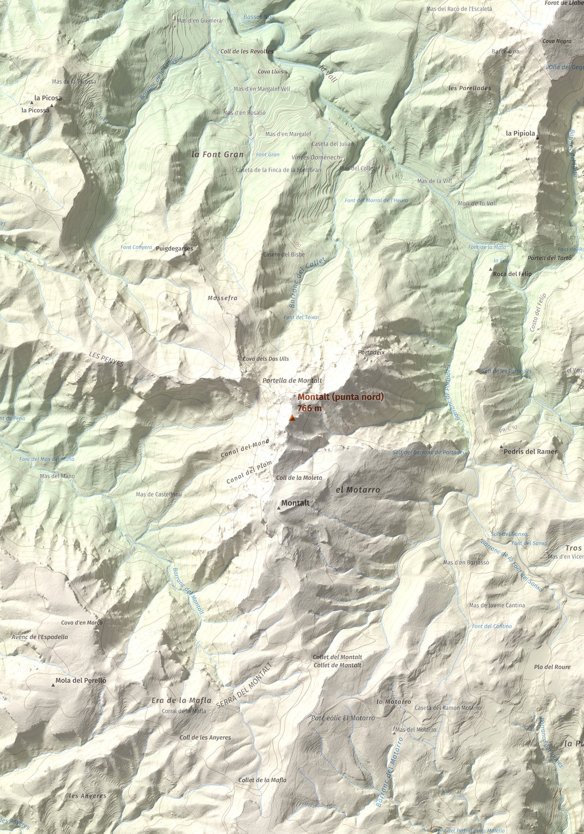 Mapa de relieve de Montalt (punta nord), 766 m, Priorat · Ribera d'Ebre, lámina 100 Cims de Trobart. Detalle de la zona central. 70 × 100 cm.