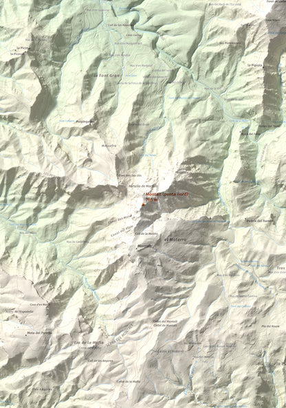 Mapa de relieve de Montalt (punta nord), 766 m, Priorat · Ribera d'Ebre, lámina 100 Cims de Trobart. Detalle de la zona central. 70 × 100 cm.