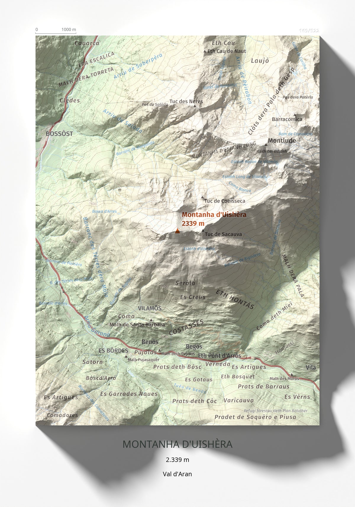 Mapa de relieve de Montanha d'Uishèra, 2339 m, Val d'Aran, lámina 100 Cims de Trobart 21 × 30 cm.