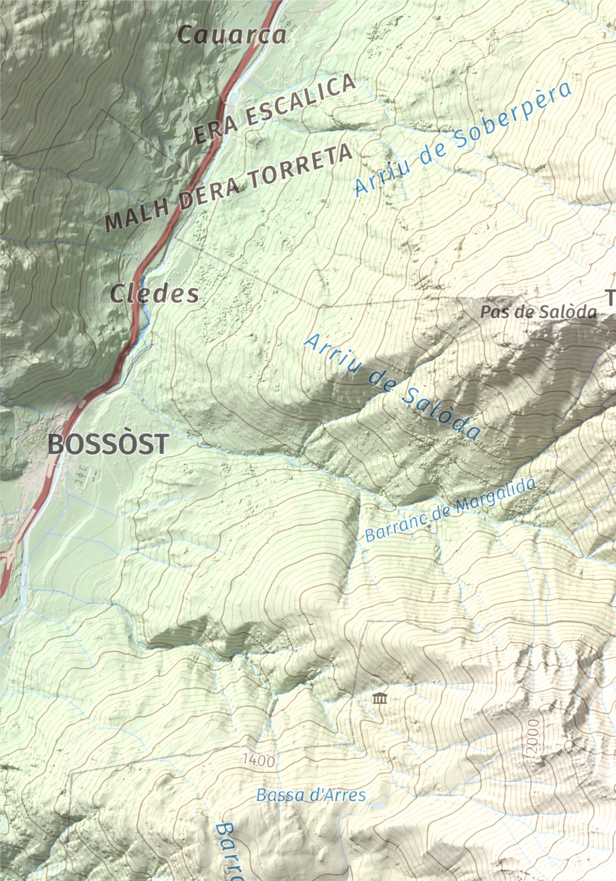 Mapa de relieve de Montanha d'Uishèra, 2339 m, Val d'Aran, lámina 100 Cims de Trobart. Detalle de la zona superior izquierda. 21 × 30 cm.