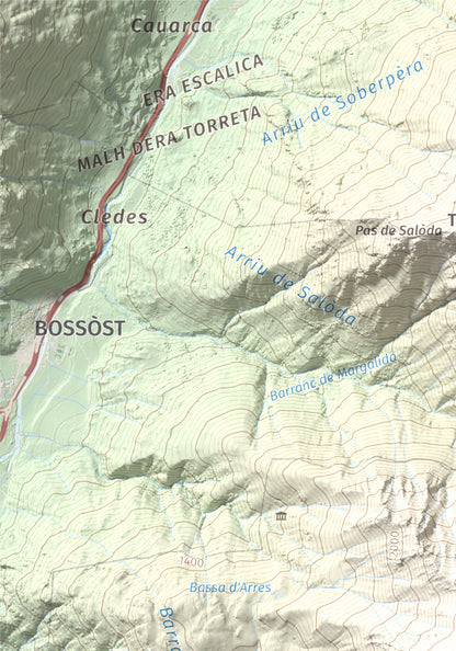 Mapa de relieve de Montanha d'Uishèra, 2339 m, Val d'Aran, lámina 100 Cims de Trobart. Detalle de la zona superior izquierda. 21 × 30 cm.