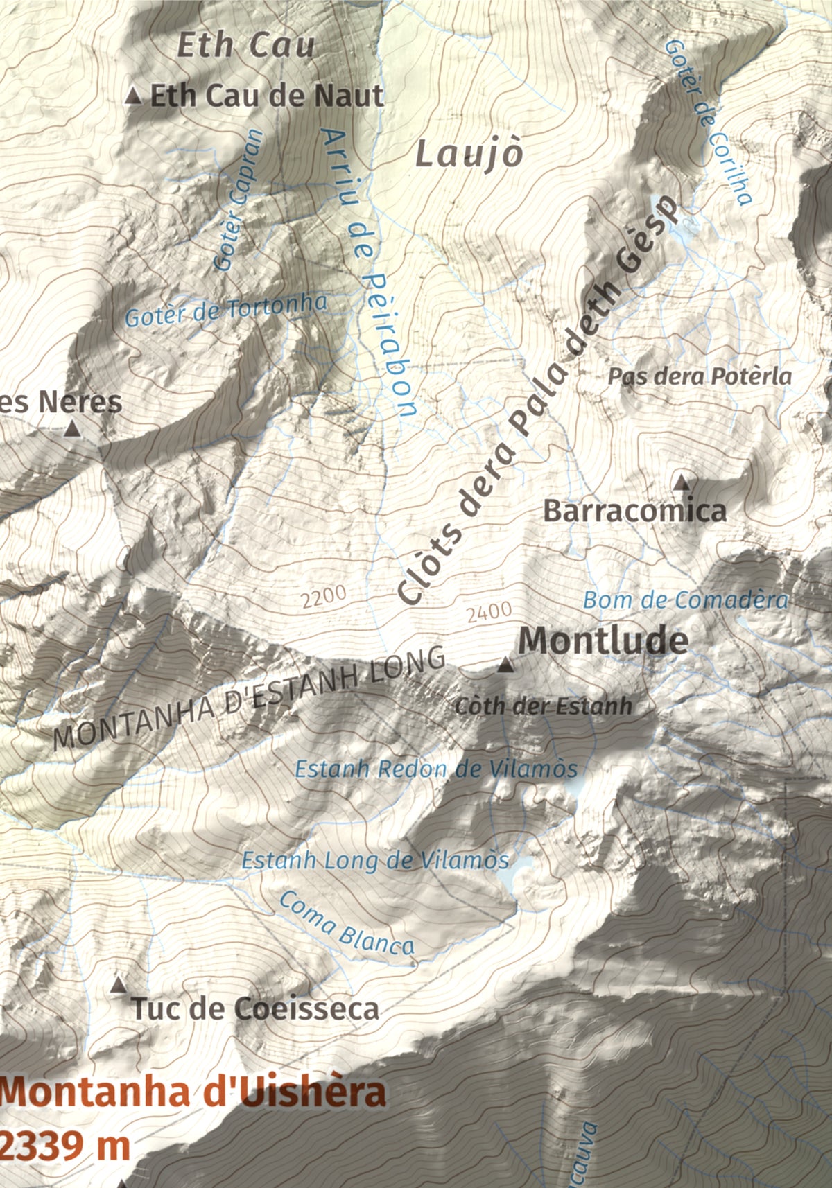 Mapa de relieve de Montanha d'Uishèra, 2339 m, Val d'Aran, lámina 100 Cims de Trobart. Detalle de la zona superior derecha. 21 × 30 cm.