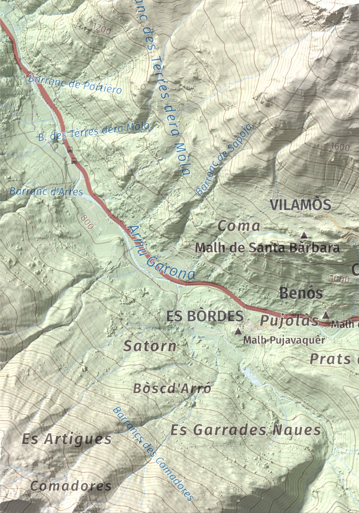 Mapa de relieve de Montanha d'Uishèra, 2339 m, Val d'Aran, lámina 100 Cims de Trobart. Detalle de la zona inferior izquierda. 21 × 30 cm.