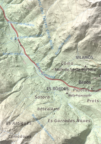 Mapa de relieve de Montanha d'Uishèra, 2339 m, Val d'Aran, lámina 100 Cims de Trobart. Detalle de la zona inferior izquierda. 21 × 30 cm.