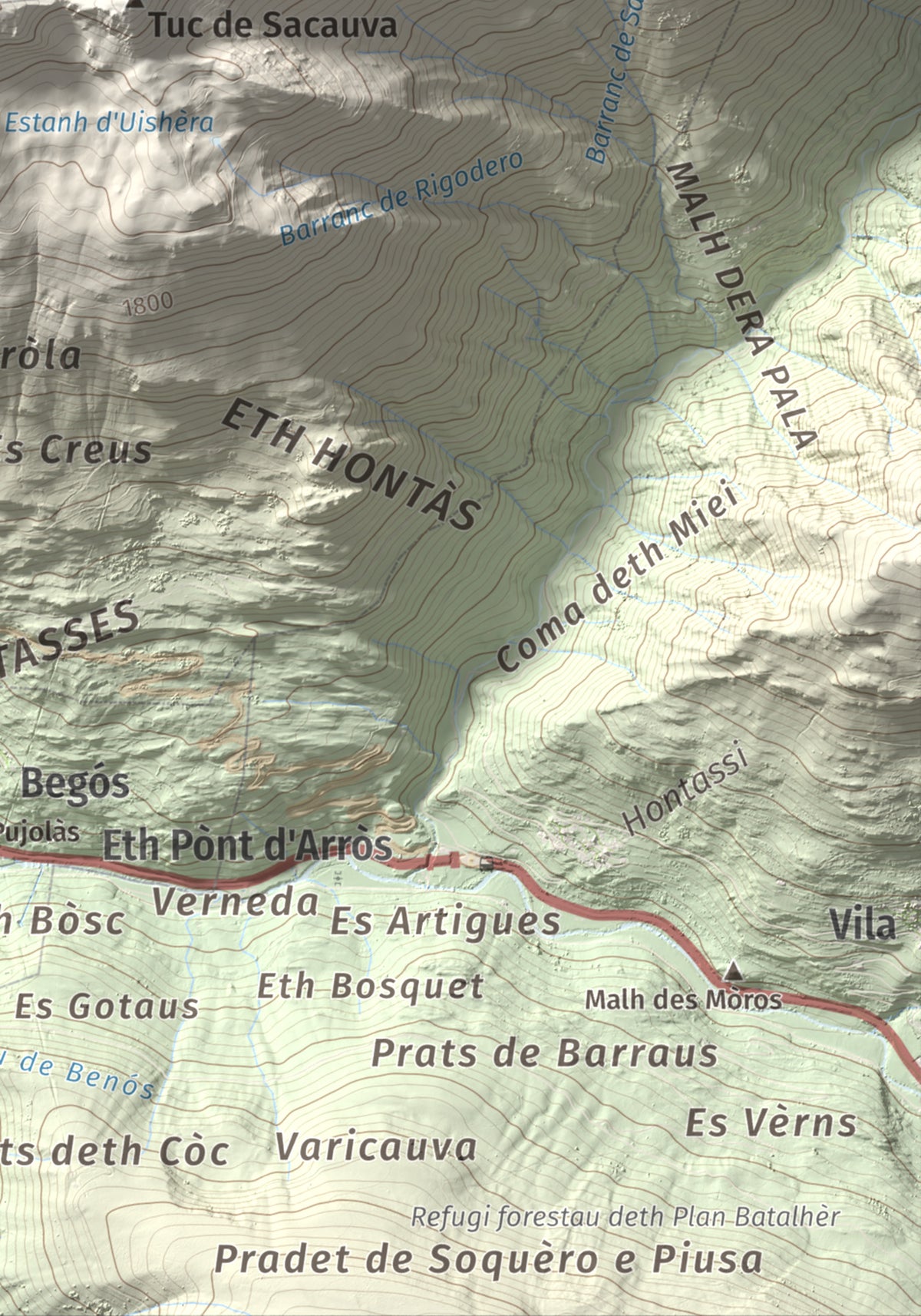 Mapa de relieve de Montanha d'Uishèra, 2339 m, Val d'Aran, lámina 100 Cims de Trobart. Detalle de la zona inferior derecha. 21 × 30 cm.
