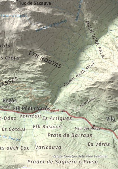 Mapa de relieve de Montanha d'Uishèra, 2339 m, Val d'Aran, lámina 100 Cims de Trobart. Detalle de la zona inferior derecha. 21 × 30 cm.