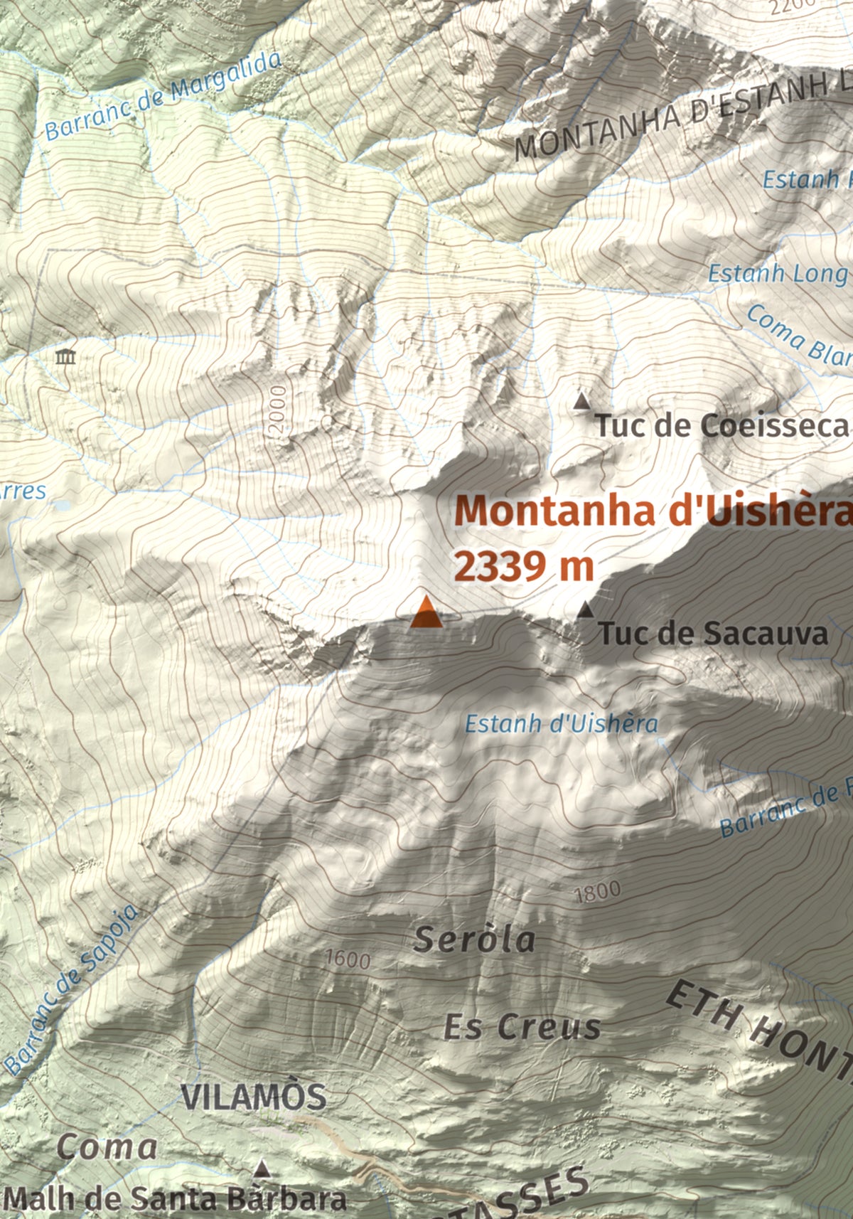 Mapa de relieve de Montanha d'Uishèra, 2339 m, Val d'Aran, lámina 100 Cims de Trobart. Detalle de la zona central. 21 × 30 cm.