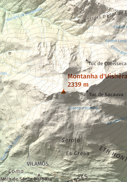 Mapa de relieve de Montanha d'Uishèra, 2339 m, Val d'Aran, lámina 100 Cims de Trobart. Detalle de la zona central. 21 × 30 cm.