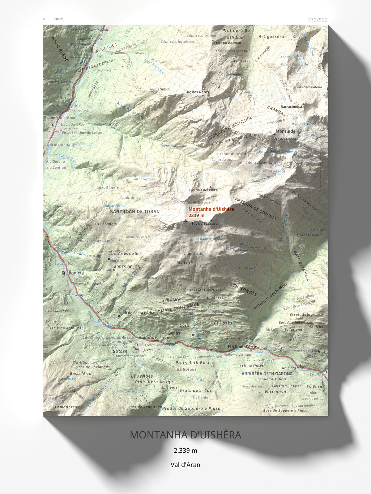 Mapa de relieve de Montanha d'Uishèra, 2339 m, Val d'Aran, lámina 100 Cims de Trobart 30 × 40 cm.
