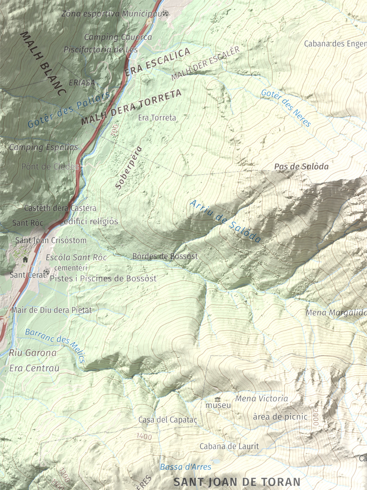 Mapa de relieve de Montanha d'Uishèra, 2339 m, Val d'Aran, lámina 100 Cims de Trobart. Detalle de la zona superior izquierda. 30 × 40 cm.