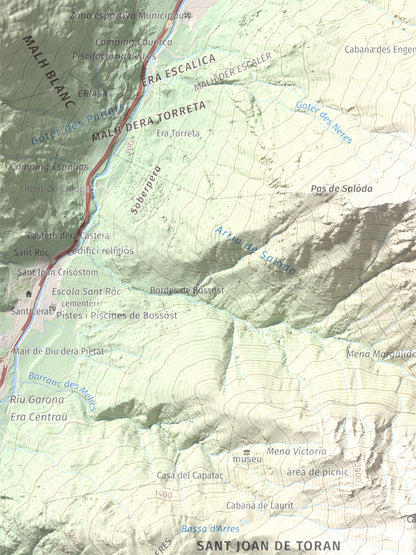 Mapa de relieve de Montanha d'Uishèra, 2339 m, Val d'Aran, lámina 100 Cims de Trobart. Detalle de la zona superior izquierda. 30 × 40 cm.