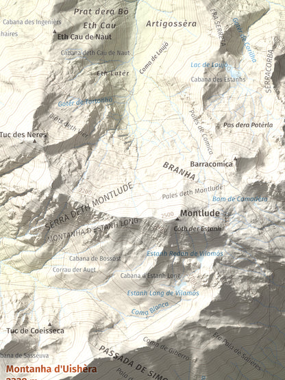 Mapa de relieve de Montanha d'Uishèra, 2339 m, Val d'Aran, lámina 100 Cims de Trobart. Detalle de la zona superior derecha. 30 × 40 cm.
