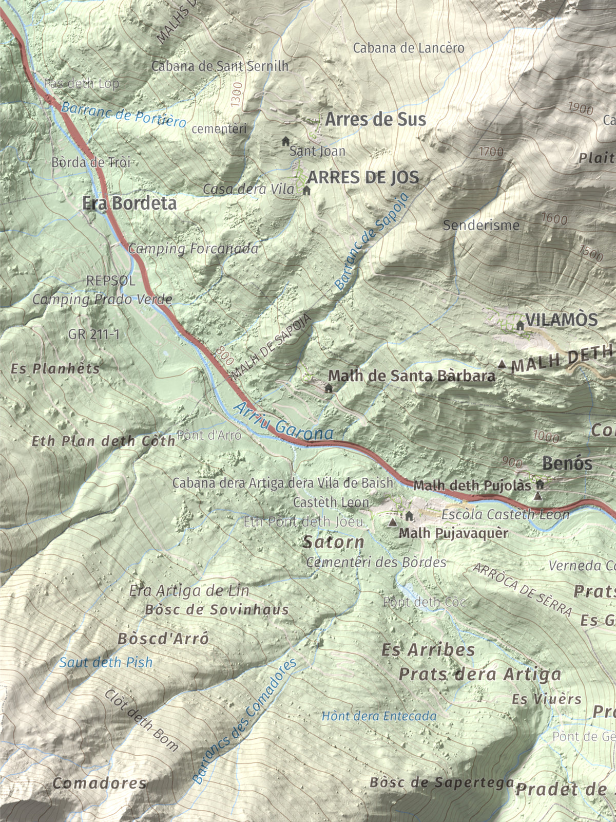 Mapa de relieve de Montanha d'Uishèra, 2339 m, Val d'Aran, lámina 100 Cims de Trobart. Detalle de la zona inferior izquierda. 30 × 40 cm.