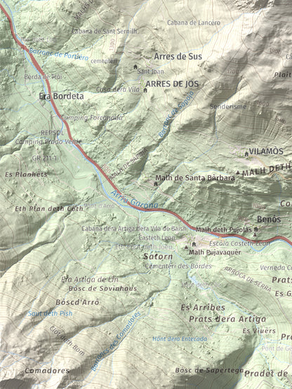 Mapa de relieve de Montanha d'Uishèra, 2339 m, Val d'Aran, lámina 100 Cims de Trobart. Detalle de la zona inferior izquierda. 30 × 40 cm.