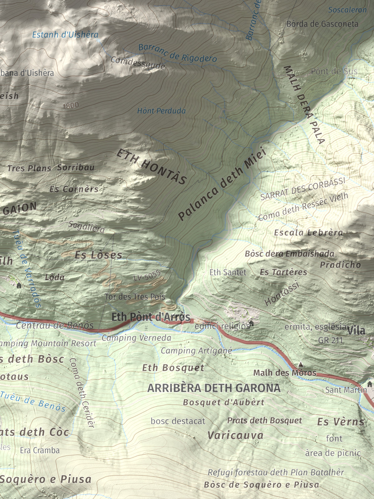 Mapa de relieve de Montanha d'Uishèra, 2339 m, Val d'Aran, lámina 100 Cims de Trobart. Detalle de la zona inferior derecha. 30 × 40 cm.