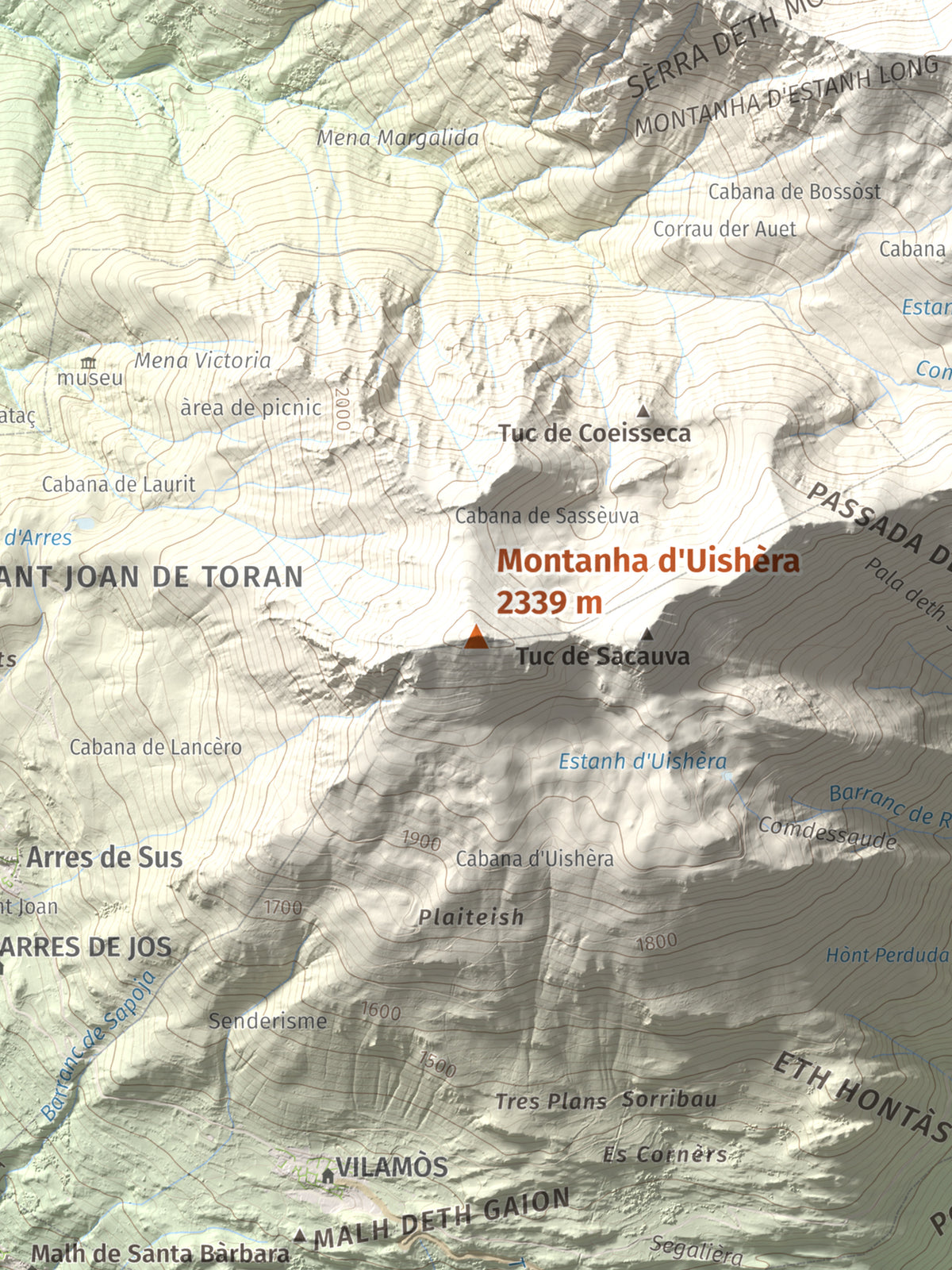 Mapa de relieve de Montanha d'Uishèra, 2339 m, Val d'Aran, lámina 100 Cims de Trobart. Detalle de la zona central. 30 × 40 cm.