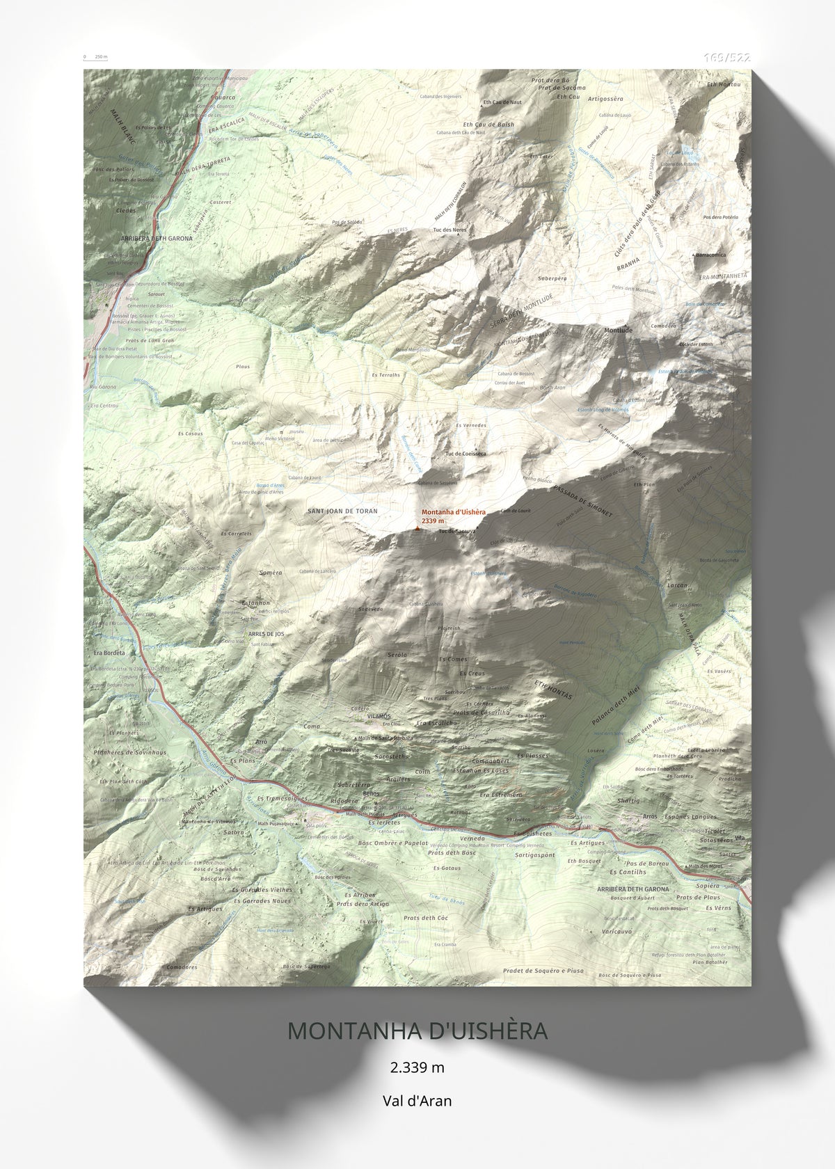 Mapa de relieve de Montanha d'Uishèra, 2339 m, Val d'Aran, lámina 100 Cims de Trobart 50 × 70 cm.
