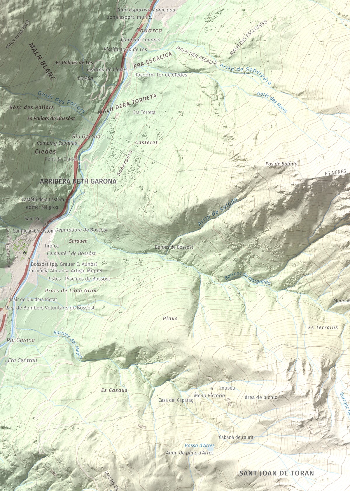 Mapa de relieve de Montanha d'Uishèra, 2339 m, Val d'Aran, lámina 100 Cims de Trobart. Detalle de la zona superior izquierda. 50 × 70 cm.
