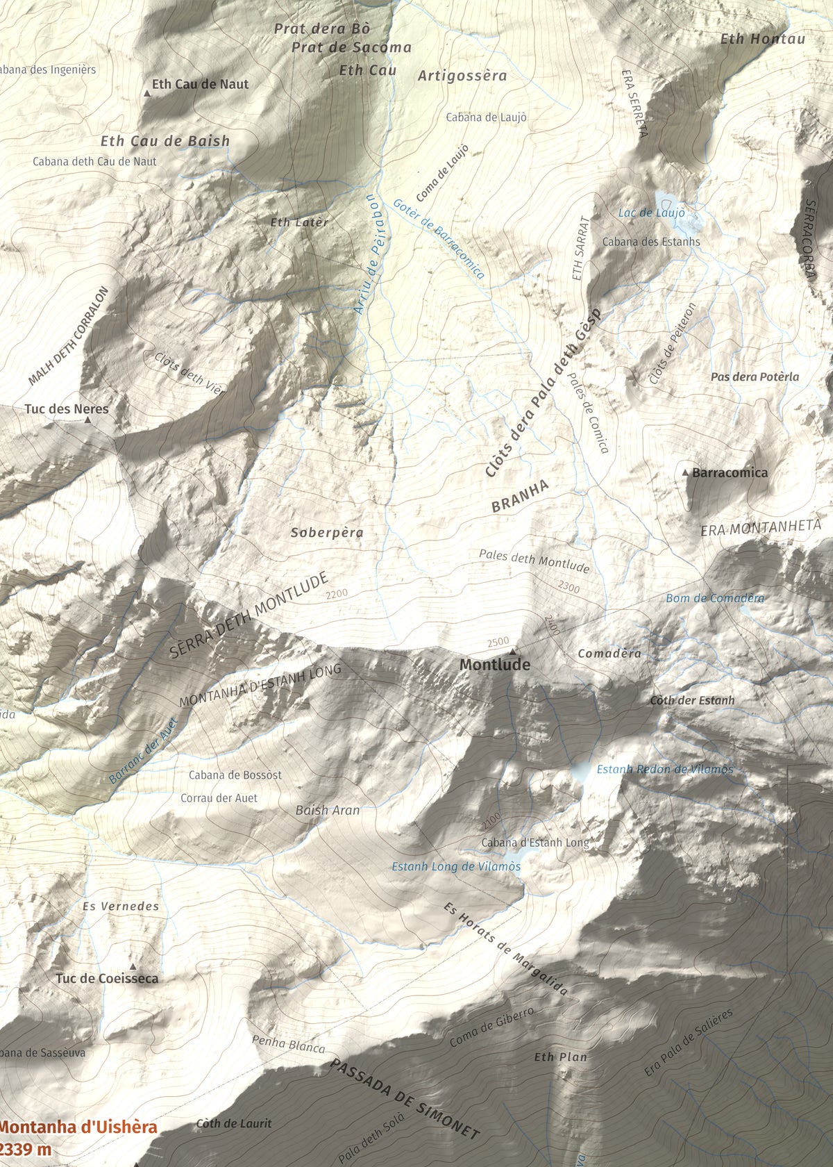 Mapa de relieve de Montanha d'Uishèra, 2339 m, Val d'Aran, lámina 100 Cims de Trobart. Detalle de la zona superior derecha. 50 × 70 cm.
