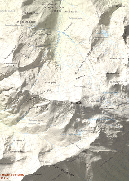Mapa de relieve de Montanha d'Uishèra, 2339 m, Val d'Aran, lámina 100 Cims de Trobart. Detalle de la zona superior derecha. 50 × 70 cm.