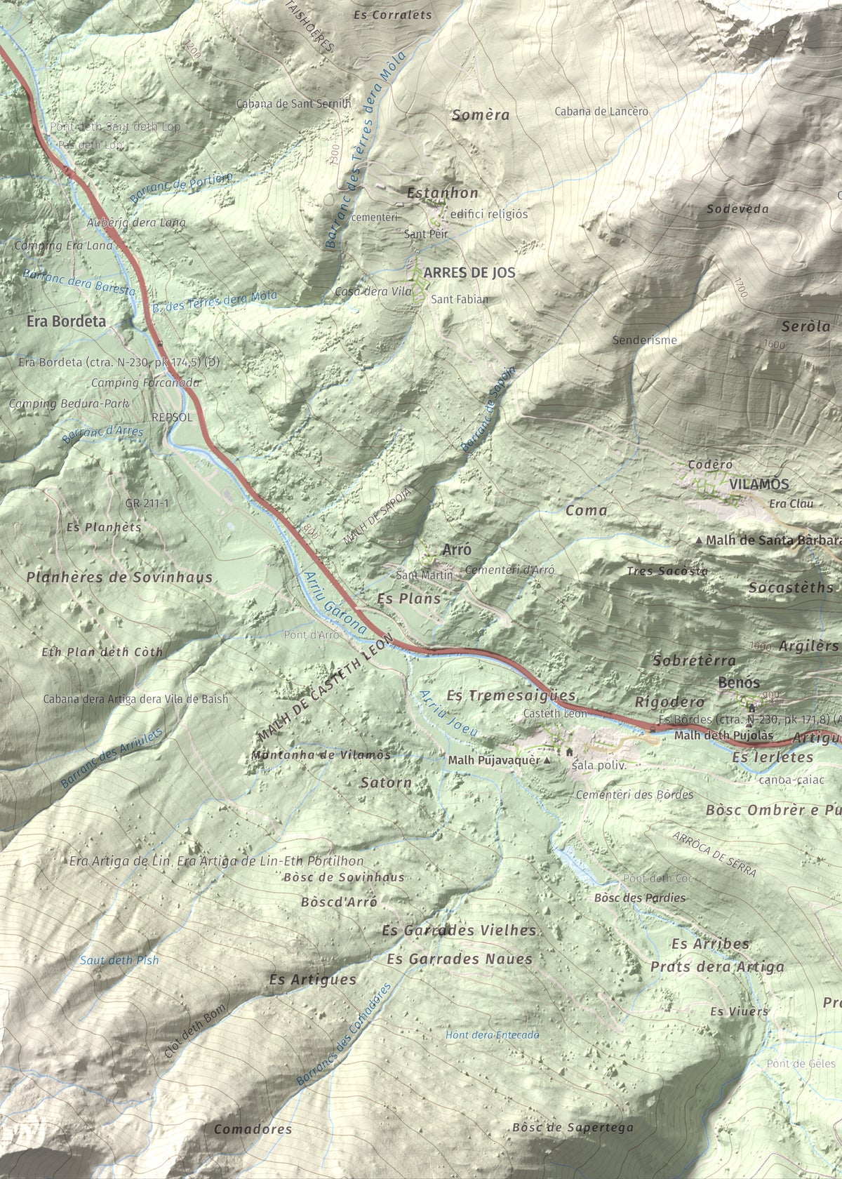Mapa de relieve de Montanha d'Uishèra, 2339 m, Val d'Aran, lámina 100 Cims de Trobart. Detalle de la zona inferior izquierda. 50 × 70 cm.