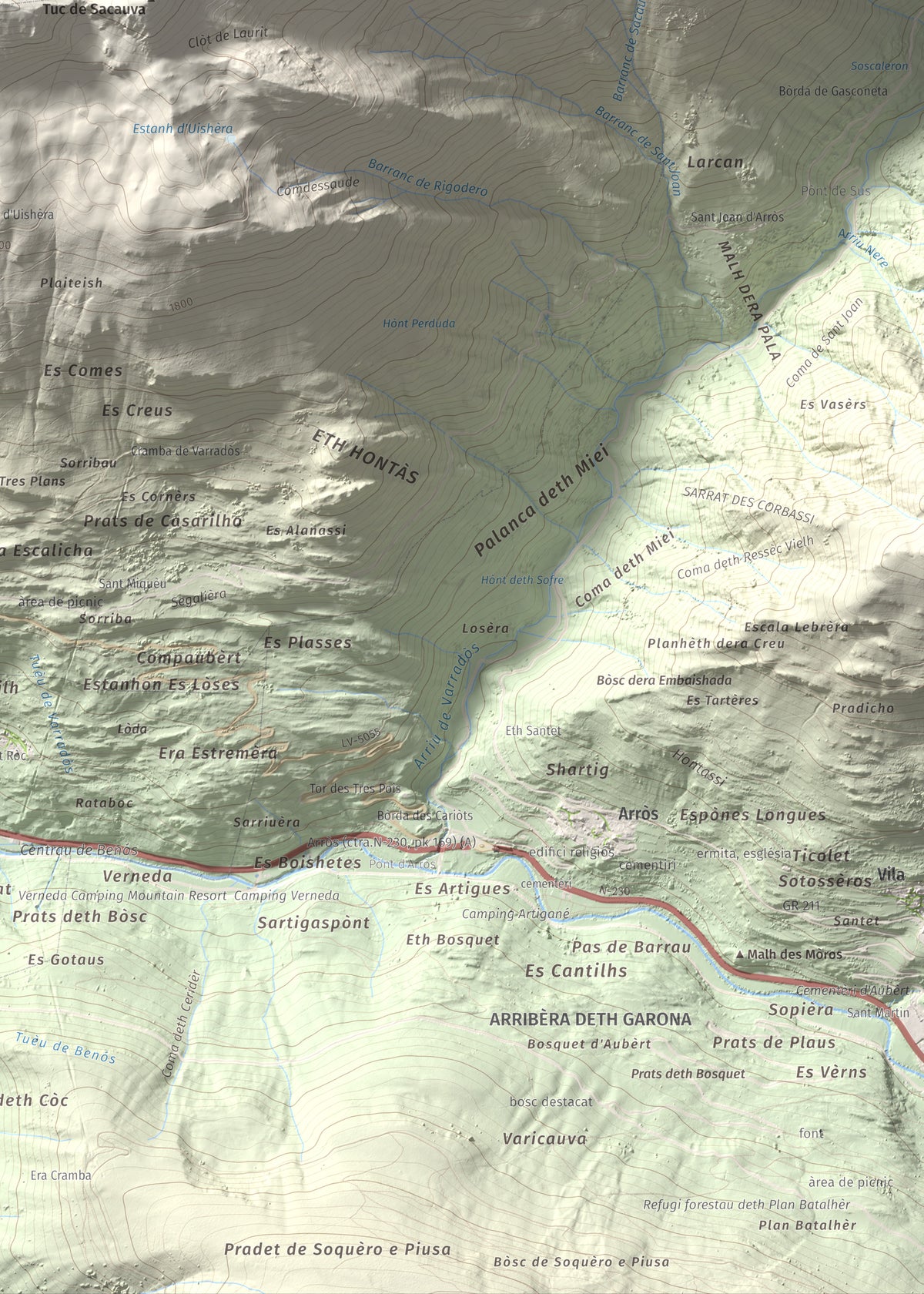 Mapa de relieve de Montanha d'Uishèra, 2339 m, Val d'Aran, lámina 100 Cims de Trobart. Detalle de la zona inferior derecha. 50 × 70 cm.