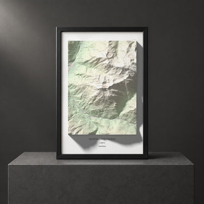 Mapa de relieve de Montanha d'Uishèra, 2339 m, Val d'Aran, lámina 100 Cims de Trobart. Presentación enmarcada. 61 × 91 cm.