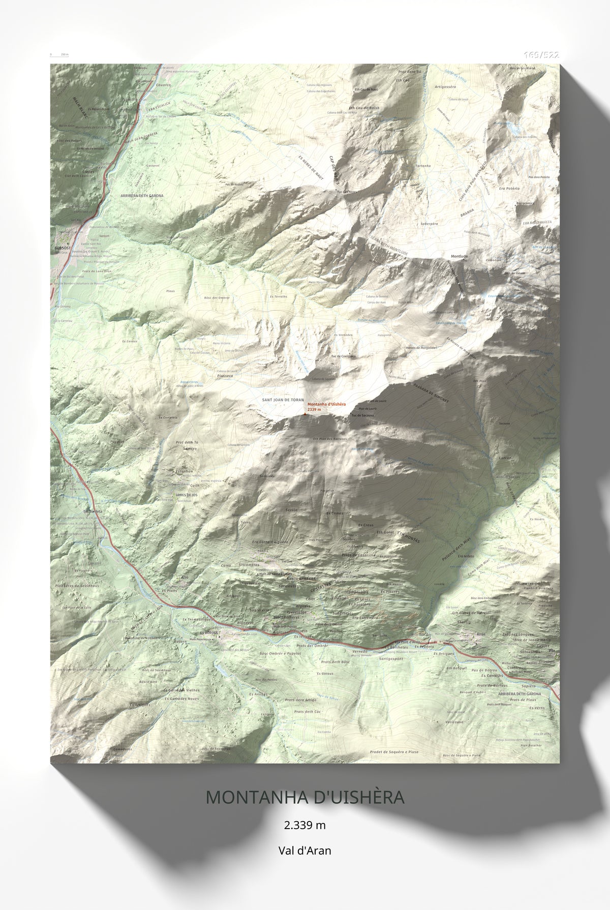 Mapa de relieve de Montanha d'Uishèra, 2339 m, Val d'Aran, lámina 100 Cims de Trobart 61 × 91 cm.