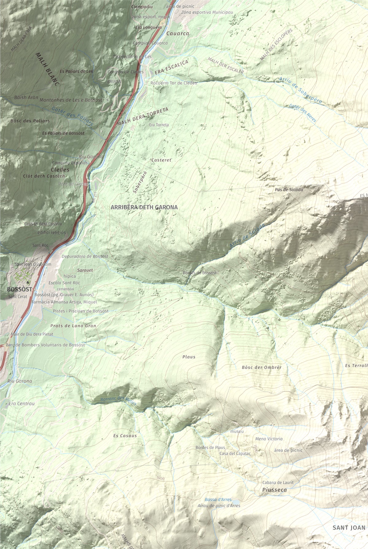 Mapa de relieve de Montanha d'Uishèra, 2339 m, Val d'Aran, lámina 100 Cims de Trobart. Detalle de la zona superior izquierda. 61 × 91 cm.