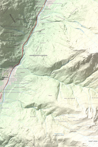 Mapa de relieve de Montanha d'Uishèra, 2339 m, Val d'Aran, lámina 100 Cims de Trobart. Detalle de la zona superior izquierda. 61 × 91 cm.