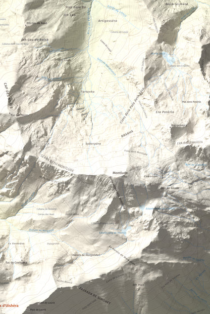 Mapa de relieve de Montanha d'Uishèra, 2339 m, Val d'Aran, lámina 100 Cims de Trobart. Detalle de la zona superior derecha. 61 × 91 cm.