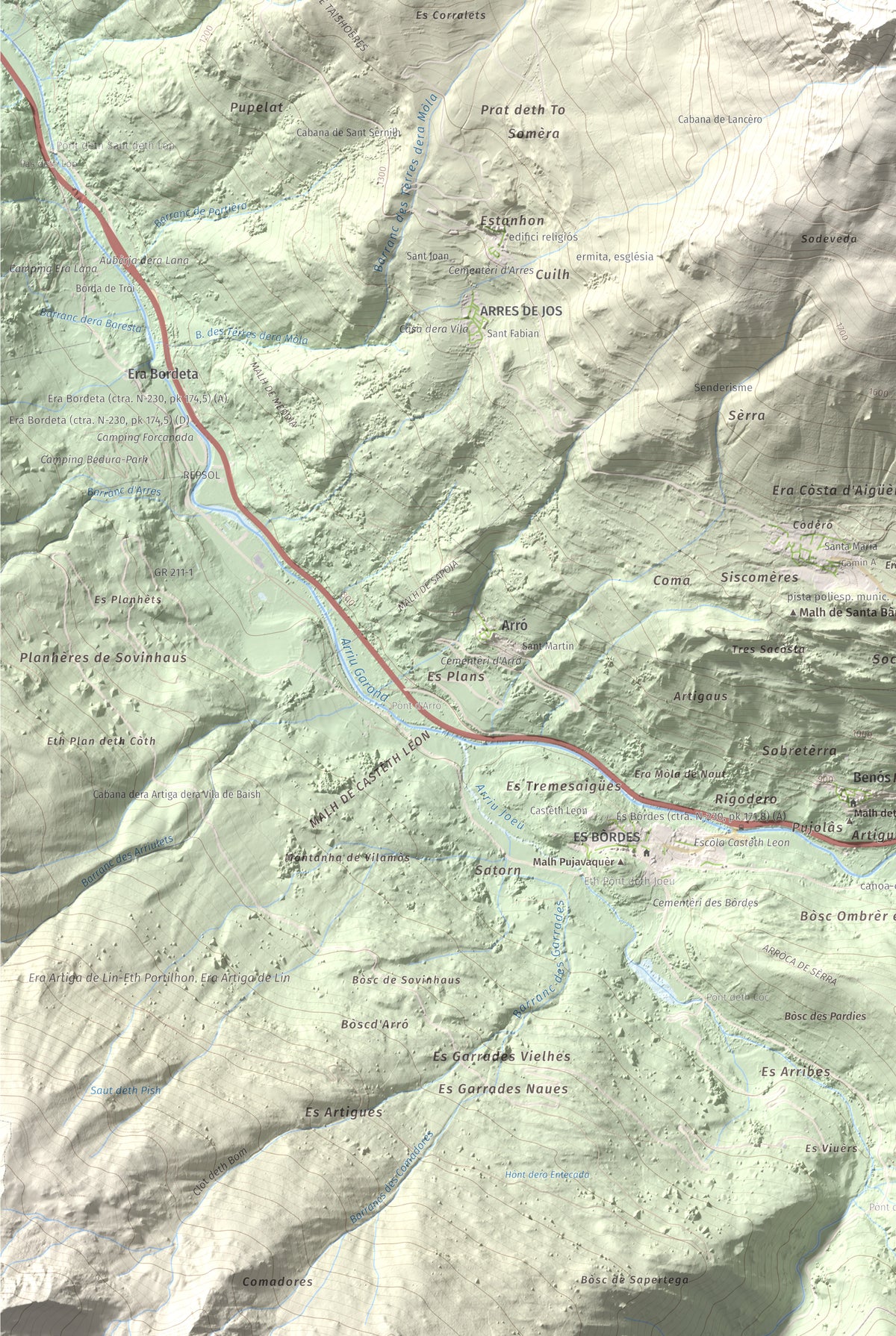 Mapa de relieve de Montanha d'Uishèra, 2339 m, Val d'Aran, lámina 100 Cims de Trobart. Detalle de la zona inferior izquierda. 61 × 91 cm.