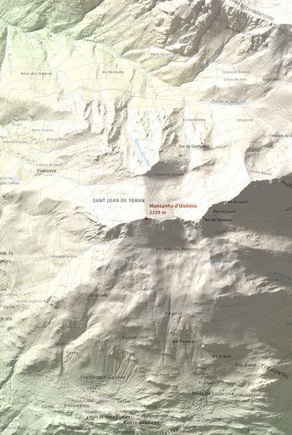 Mapa de relieve de Montanha d'Uishèra, 2339 m, Val d'Aran, lámina 100 Cims de Trobart. Detalle de la zona central. 61 × 91 cm.