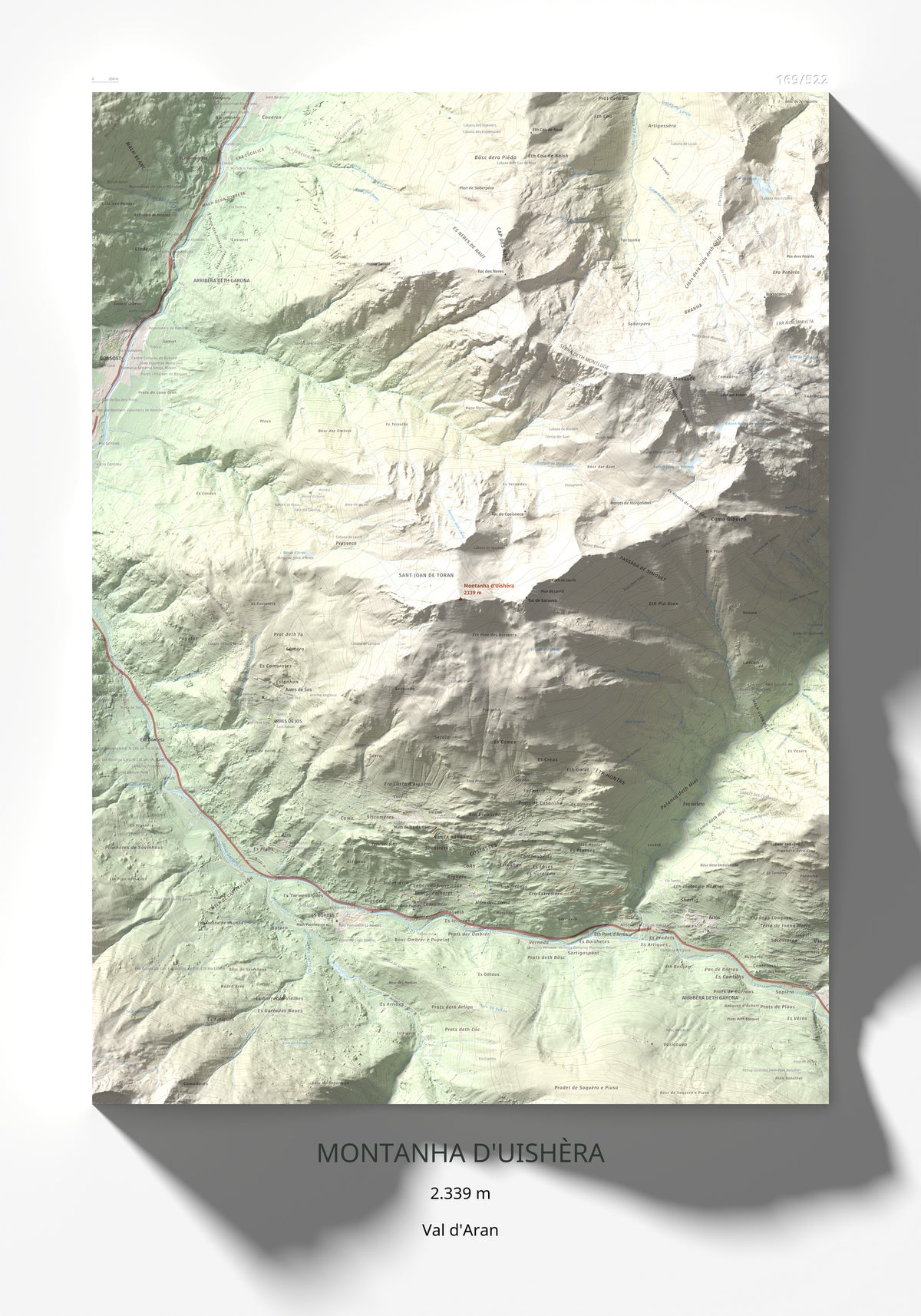 Mapa de relieve de Montanha d'Uishèra, 2339 m, Val d'Aran, lámina 100 Cims de Trobart 70 × 100 cm.