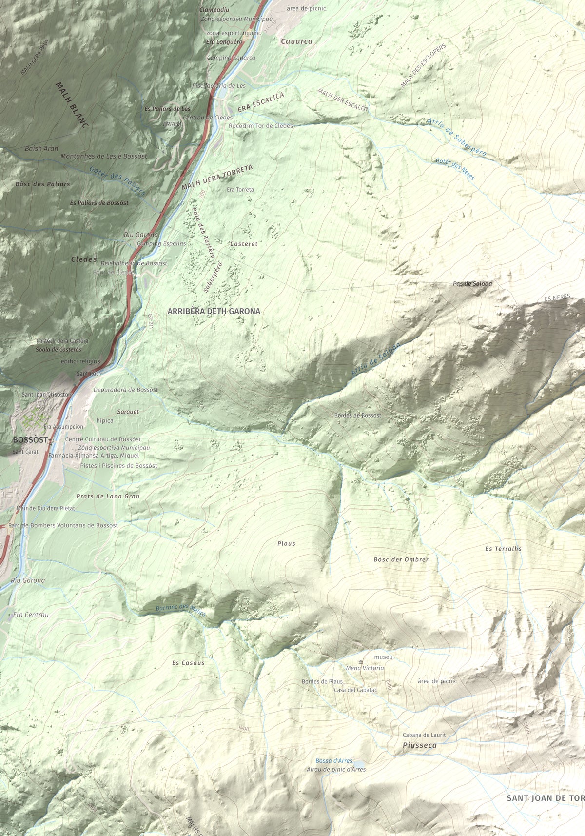 Mapa de relieve de Montanha d'Uishèra, 2339 m, Val d'Aran, lámina 100 Cims de Trobart. Detalle de la zona superior izquierda. 70 × 100 cm.