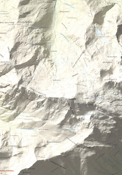 Mapa de relieve de Montanha d'Uishèra, 2339 m, Val d'Aran, lámina 100 Cims de Trobart. Detalle de la zona superior derecha. 70 × 100 cm.