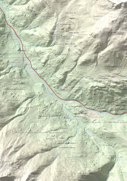 Mapa de relieve de Montanha d'Uishèra, 2339 m, Val d'Aran, lámina 100 Cims de Trobart. Detalle de la zona inferior izquierda. 70 × 100 cm.