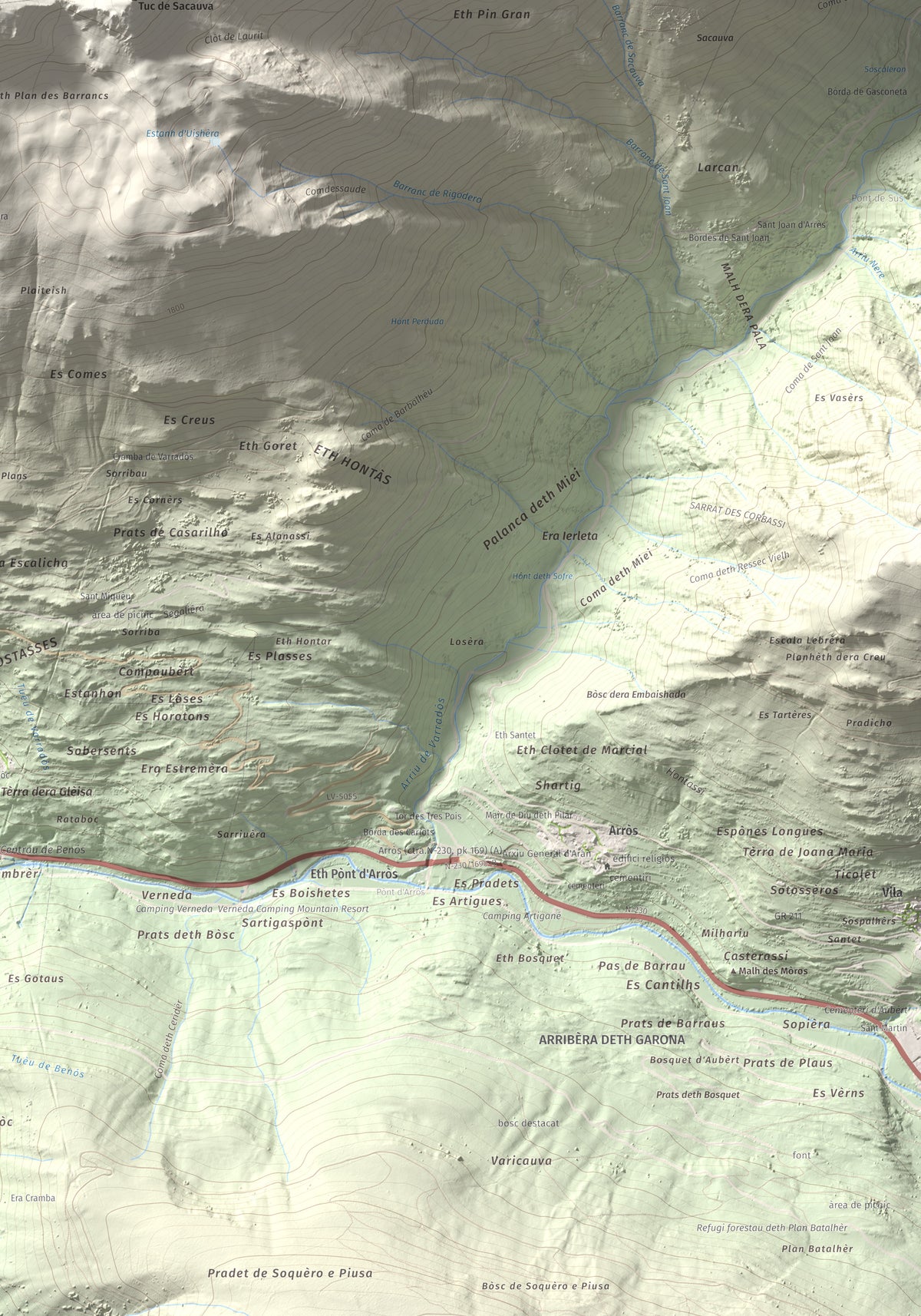 Mapa de relieve de Montanha d'Uishèra, 2339 m, Val d'Aran, lámina 100 Cims de Trobart. Detalle de la zona inferior derecha. 70 × 100 cm.